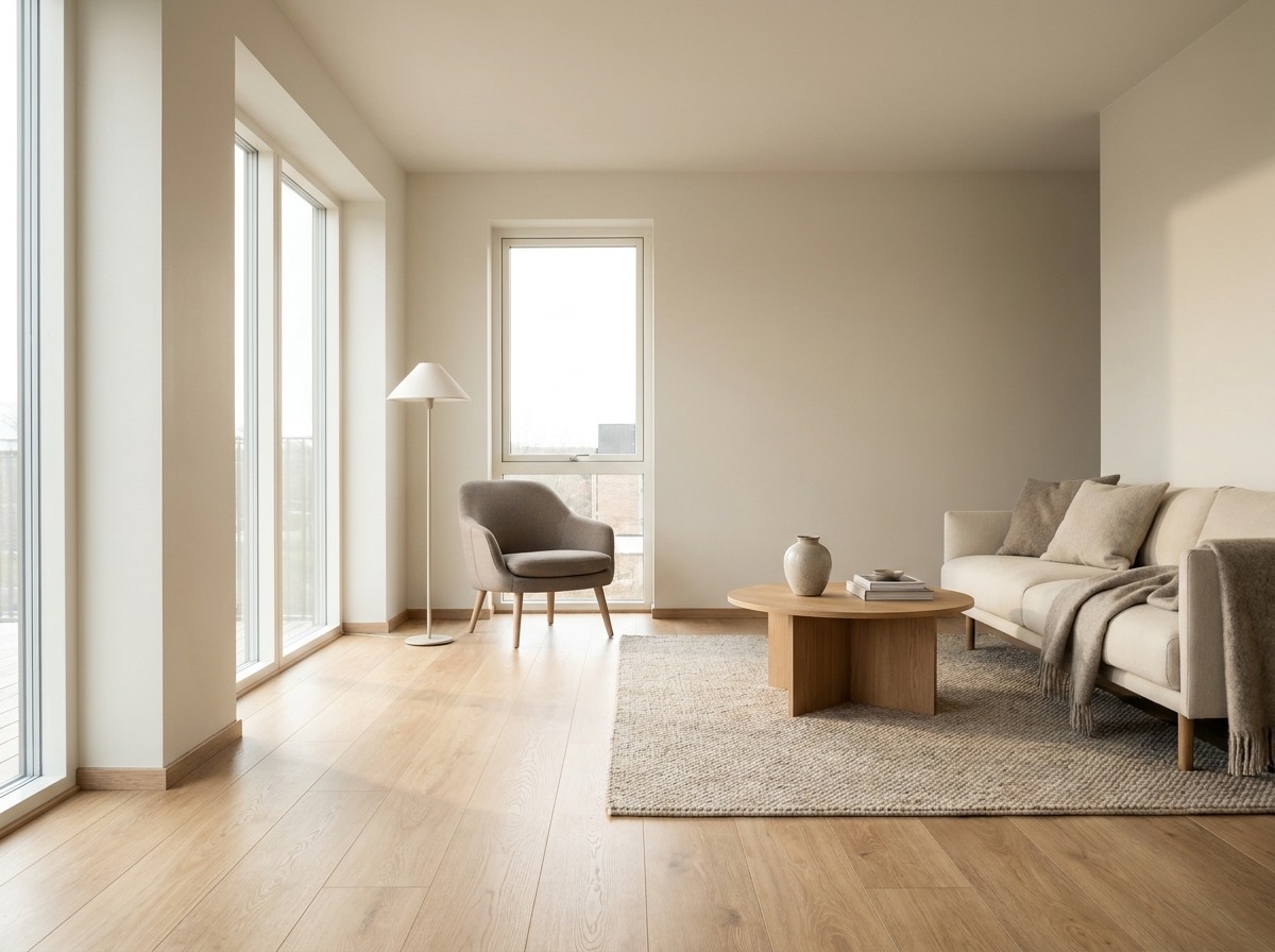 Warme houten parket- en laminaatvloer in een lichte woonkamer