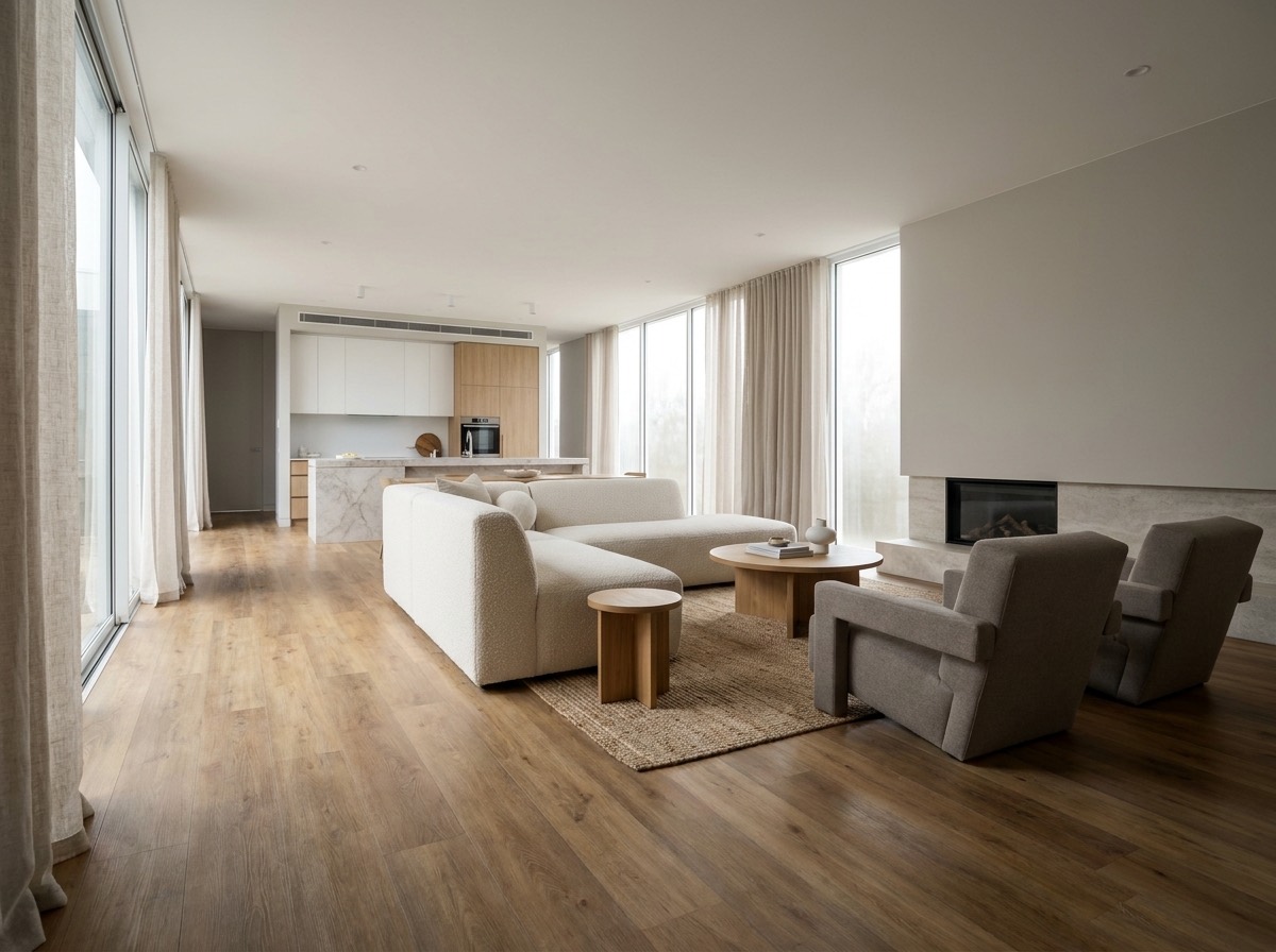 Pvc-vloer in houtlook in een strak, licht interieur